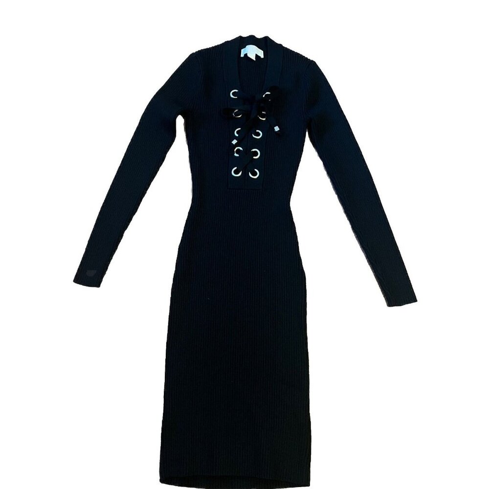 Michael Kors Lace Up Long Sleeve Ribbed Mini Dress Black XXS stretch‎